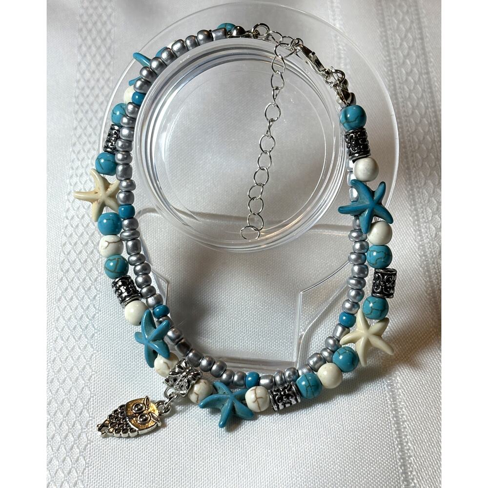 Softones Blue Starfish Owl Anklet Multilayer Charm Beads Sea Boho Foot jewelry v